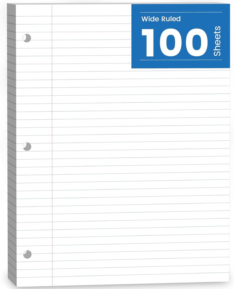 Aidunmis Loose Leaf Paper, 100 Sheets Notebook Paper, Binder Lined Paper Wide Ruled, 8.5'' x 11'' Loose Leaf, 3-Hole Punched Filler Writing Paper, 3-Ring Binder Note Papers, White - Image 1
